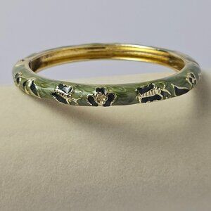 Vintage Jiu Long Xing Green Enamel Butterfly Hinged Bracelet